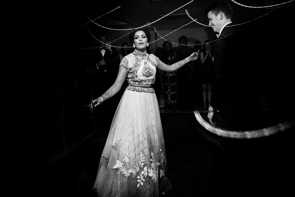 black and white picture of bride dancing