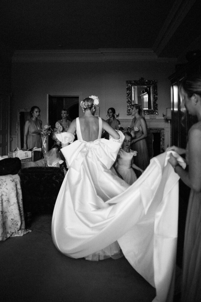 backshot of the bride's dress in black and white